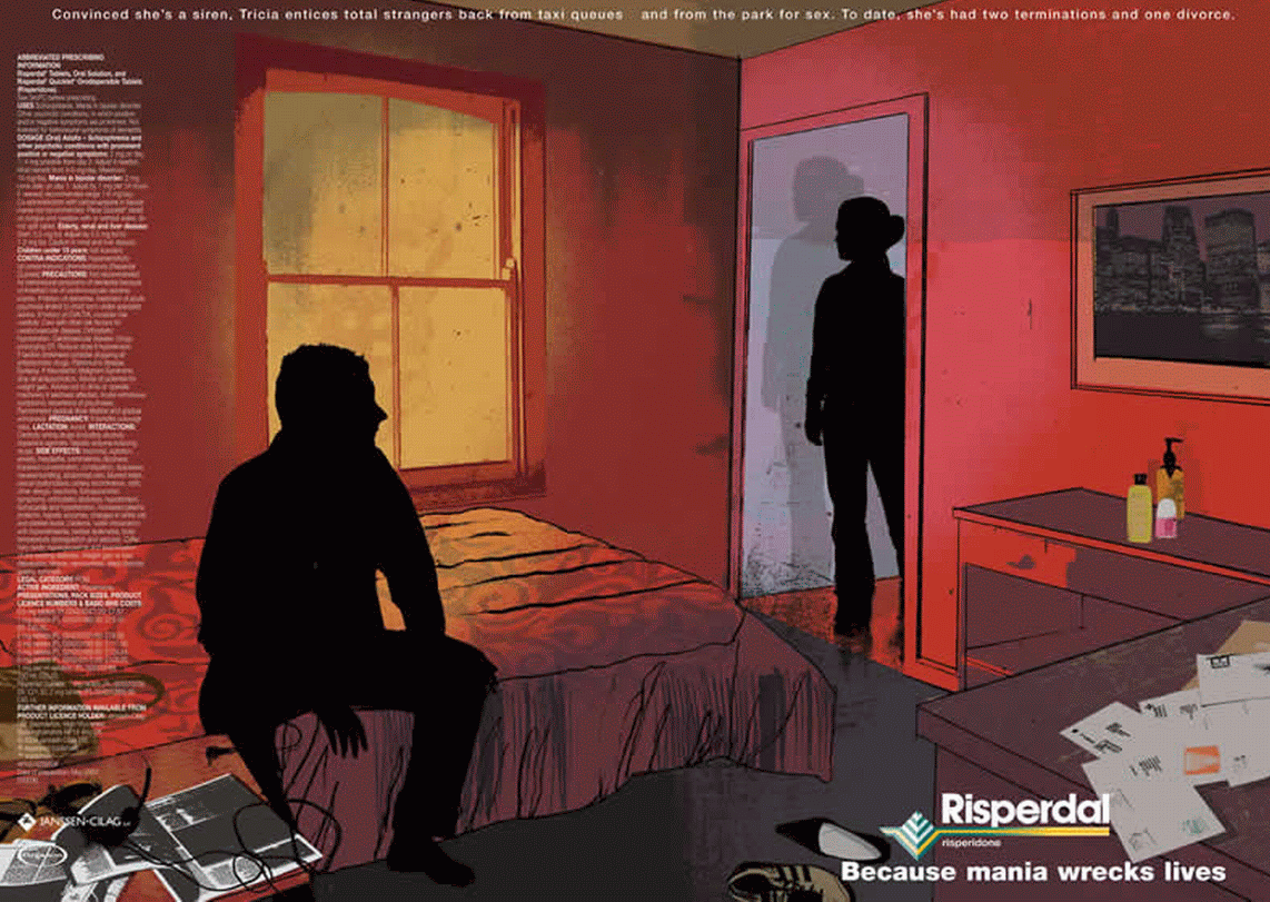 Risperdone-induced acute mania with euphoria, psychomotor agitation, verbal aggressiveness, irritability, pressured speech and hypersexuality.